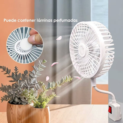Ventilador de cuello de ganso y tomacorriente múltiple